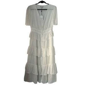 English Factory Pure White Swiss Dot Tiered Semi Sheer Prairie Maxi Dress
